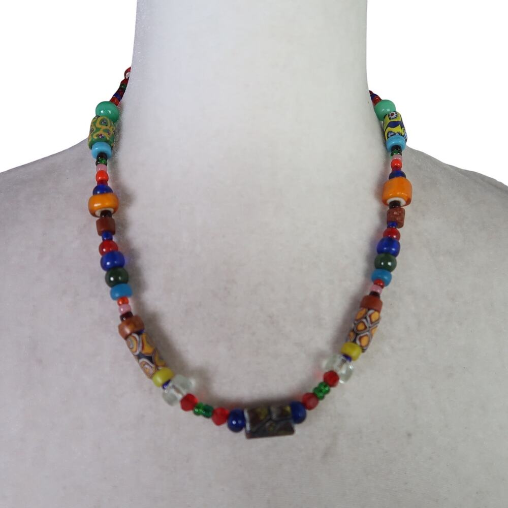 Vintage Colorful Clay and Plastic Beaded Necklace 16"